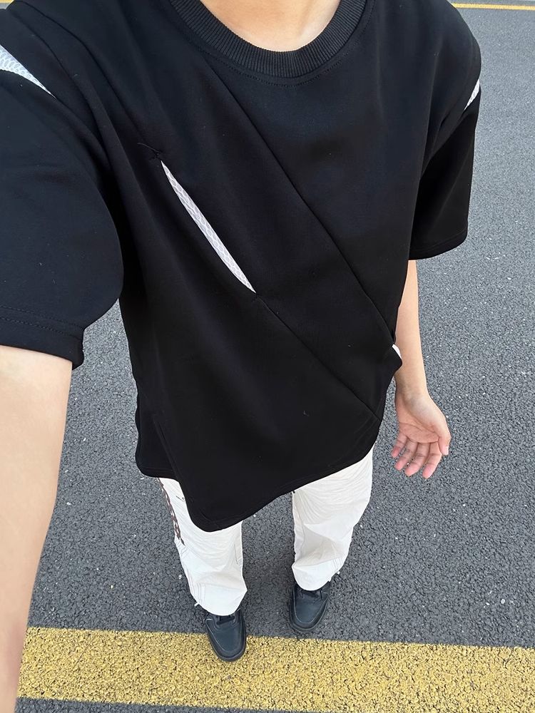 美式分割解构垫肩短袖男夏季潮牌小领口半袖