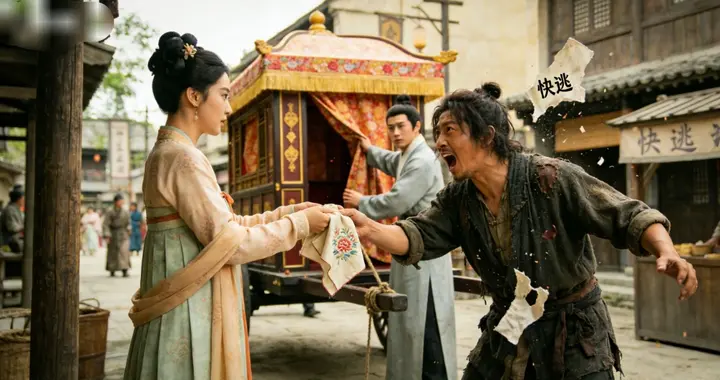 绣娘赠帕救乞丐，遇书生求娶，乞丐却撕帕砸轿，喊她快逃
