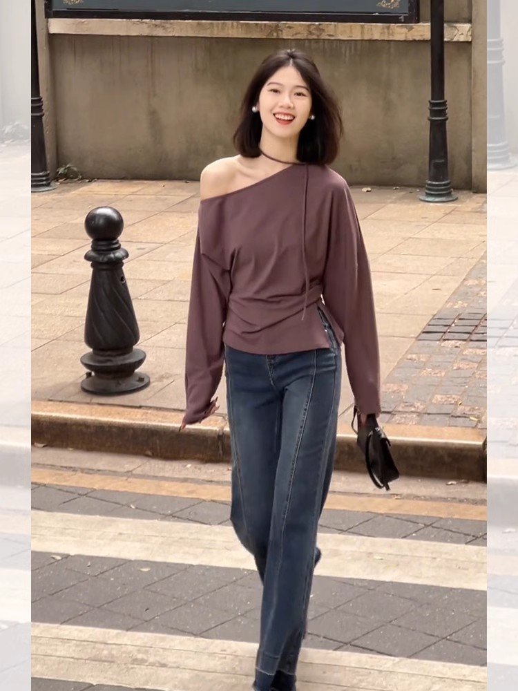 法式短款紫色挂脖斜肩低领长袖t恤女早春修