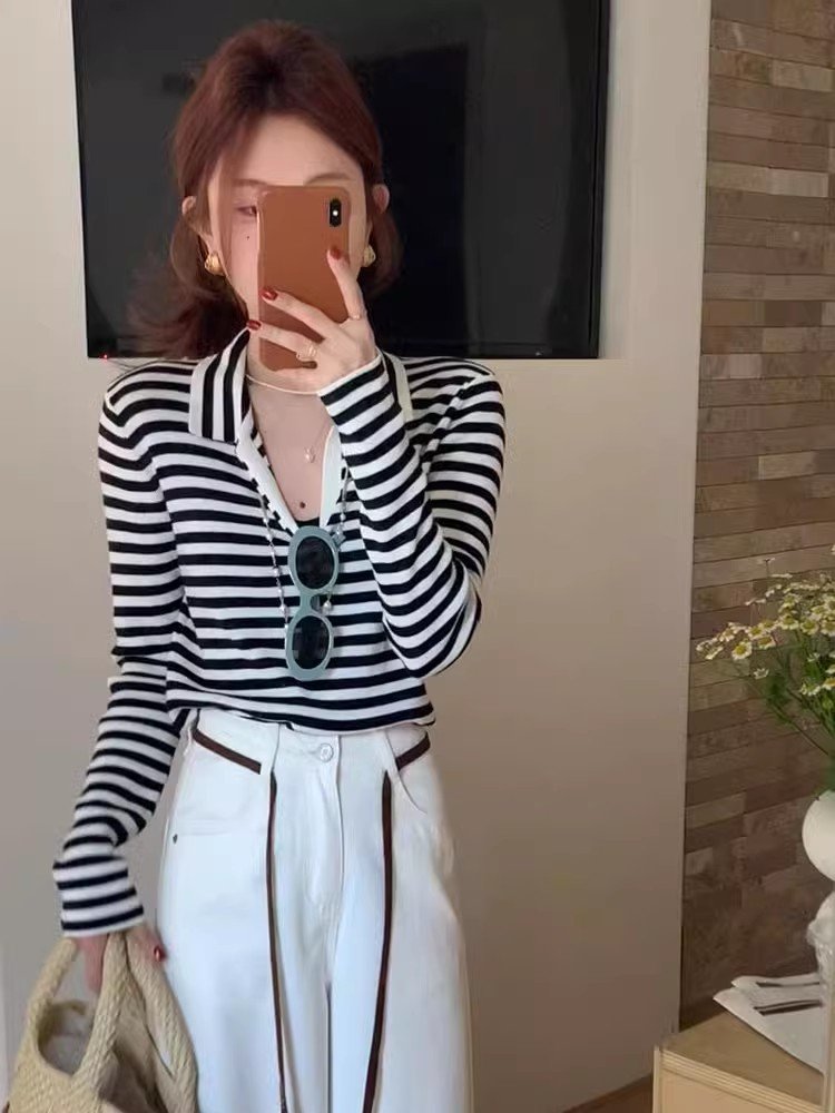 黑白条纹polo领翻领长袖t恤女春秋小个