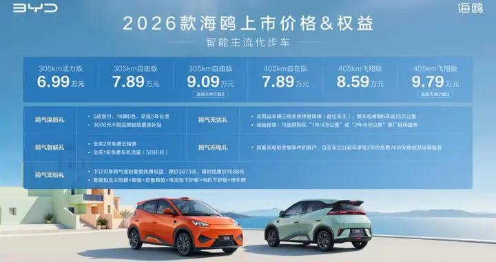 比亚迪2026款海鸥正式上市，售价6.99-9.79万元