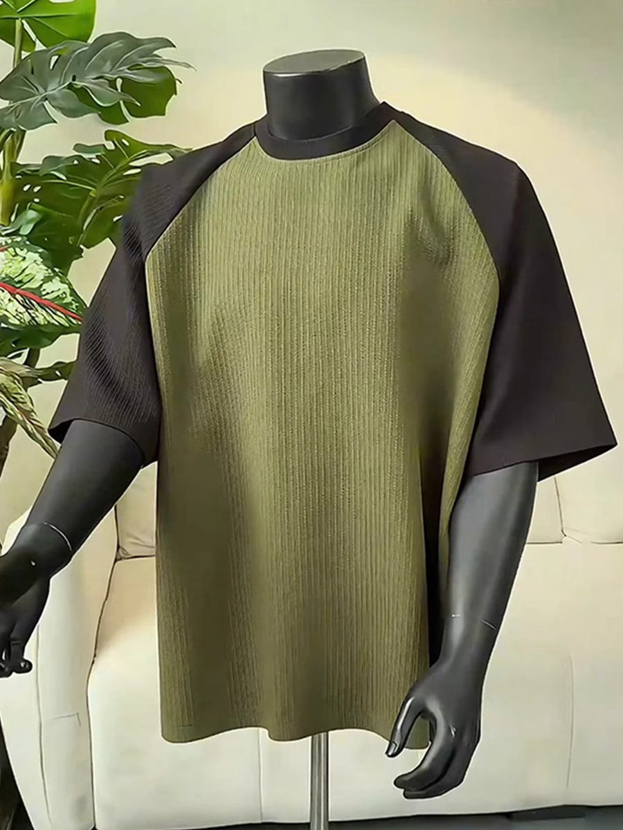 美式细条纹t恤男夏季肌理感撞色插肩短袖c