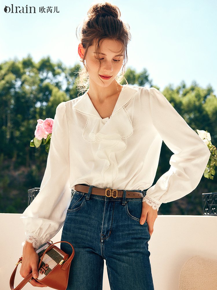 法式复古提花荷叶边长袖衬衫
