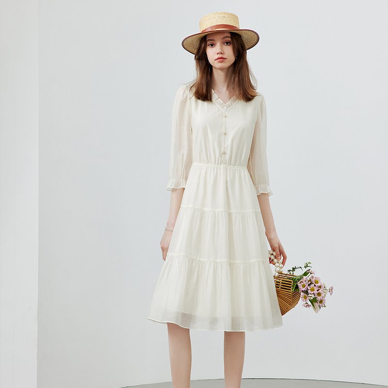 KBNE气质法式V领中袖莱赛尔裙子