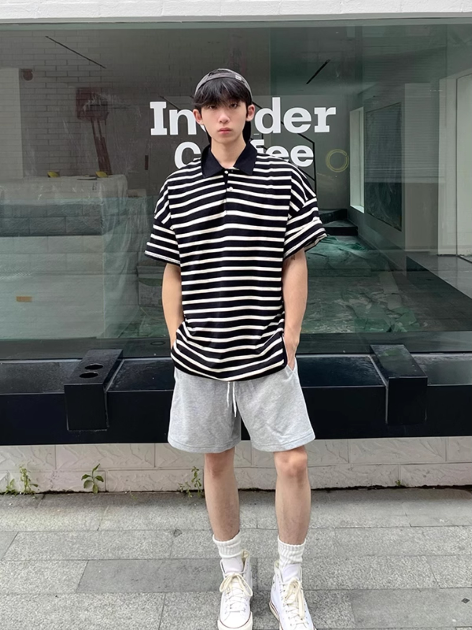 黑白条纹短袖POLO衫男夏季日系复古青少