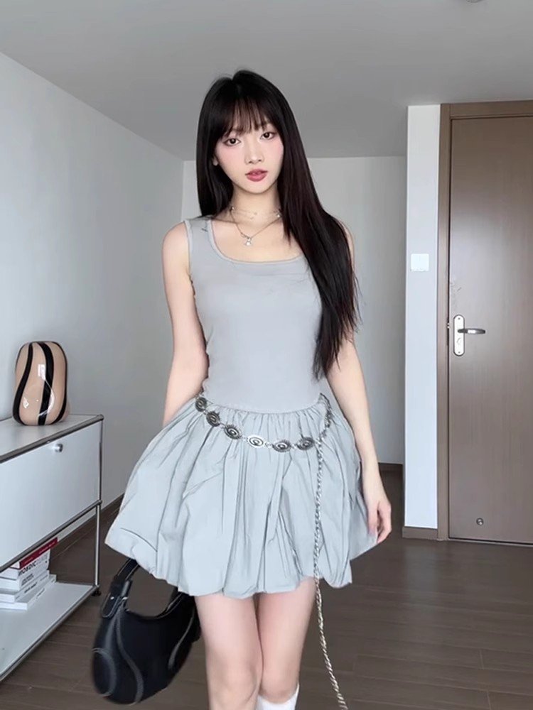 法式灰色无袖吊带连衣裙女夏季小个子修身收