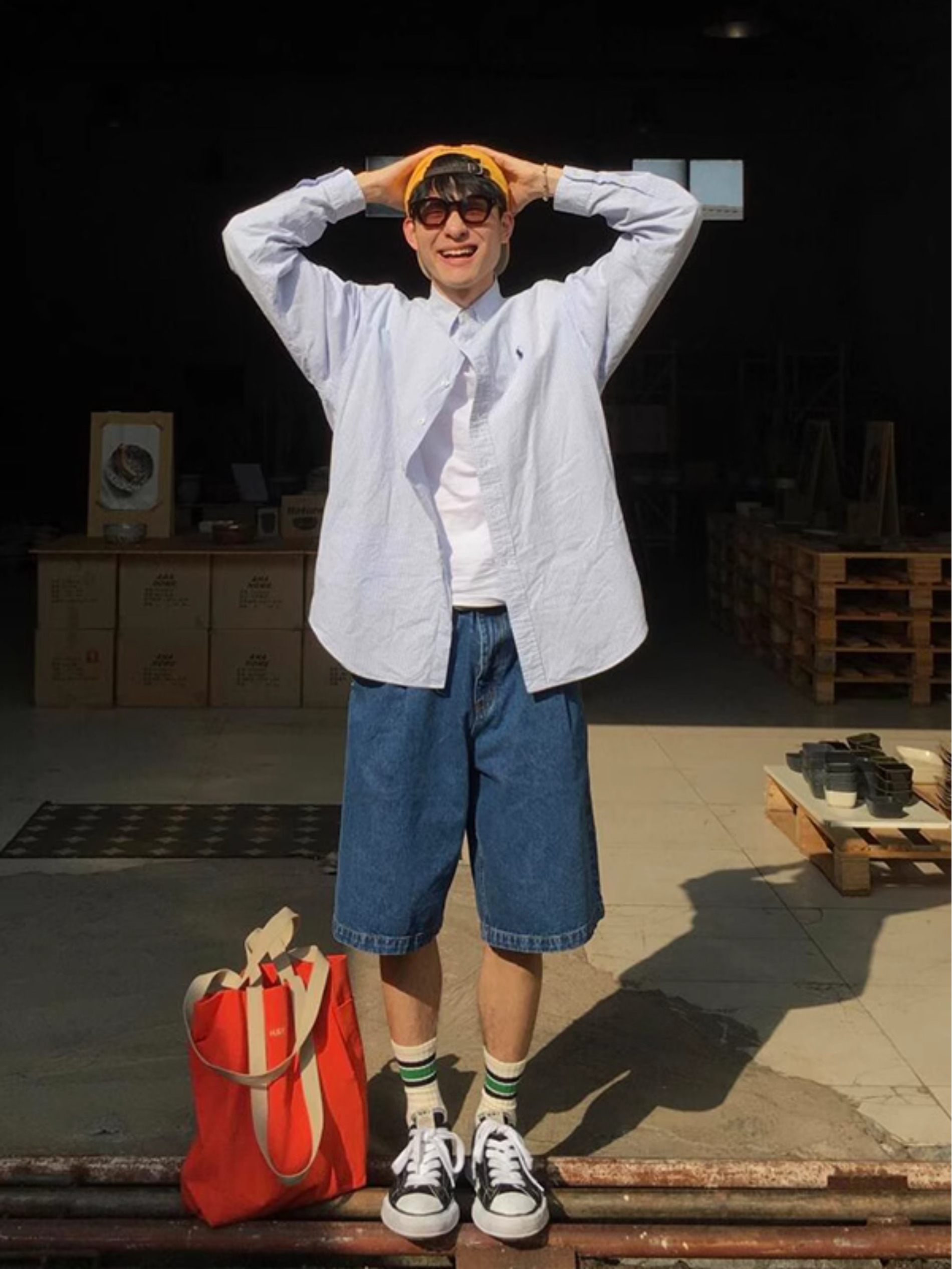 水洗蓝色牛仔短裤男夏季日系复古阔腿工装裤