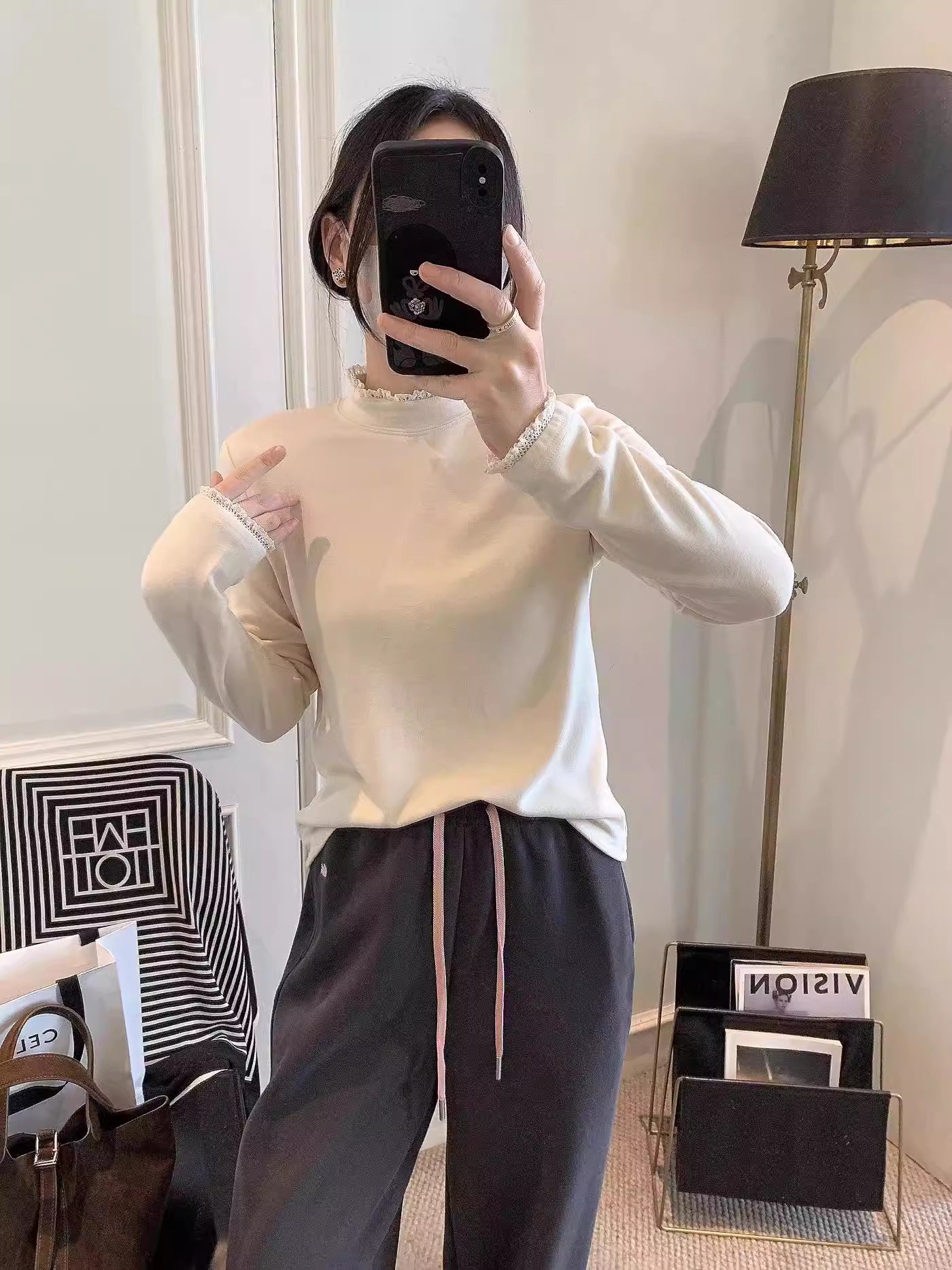 韩系白色蕾丝半高领长袖t恤女春秋木耳边中