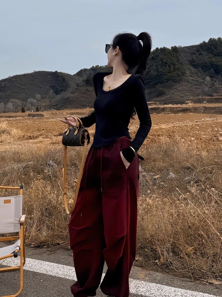 法式黑色大领口内搭打底衫长袖t恤女春装修