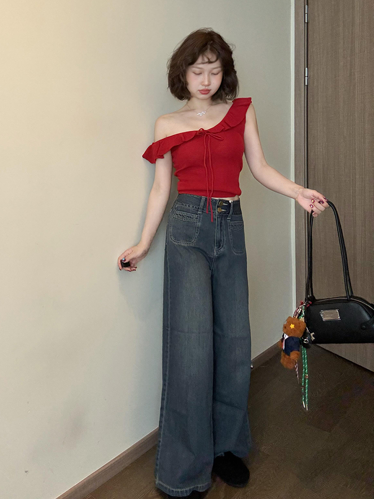 独特超好看小上衣设计感小众红色露肩t恤女