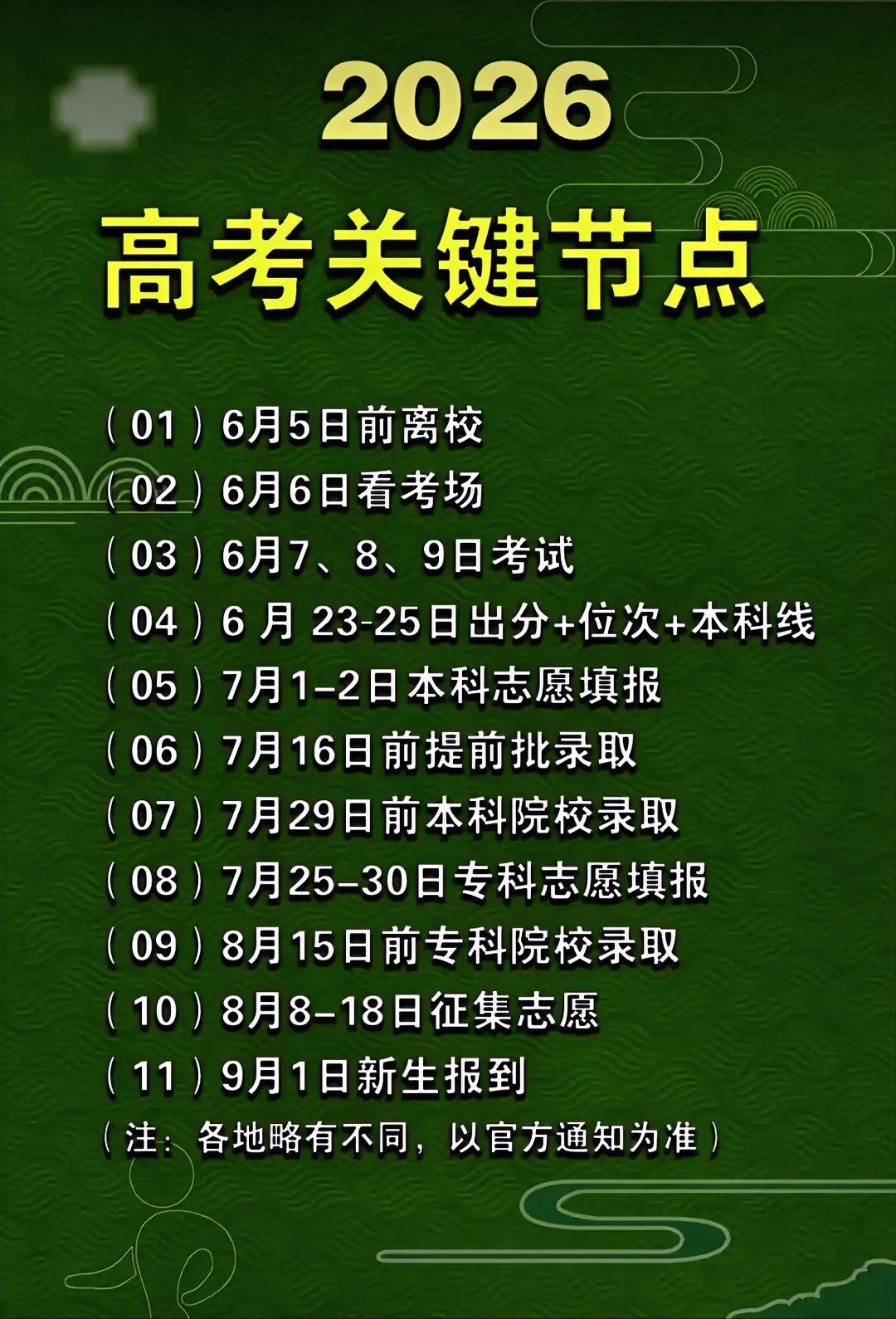 2026年高考日程安排(各地略有不同，请以官方通知为准)