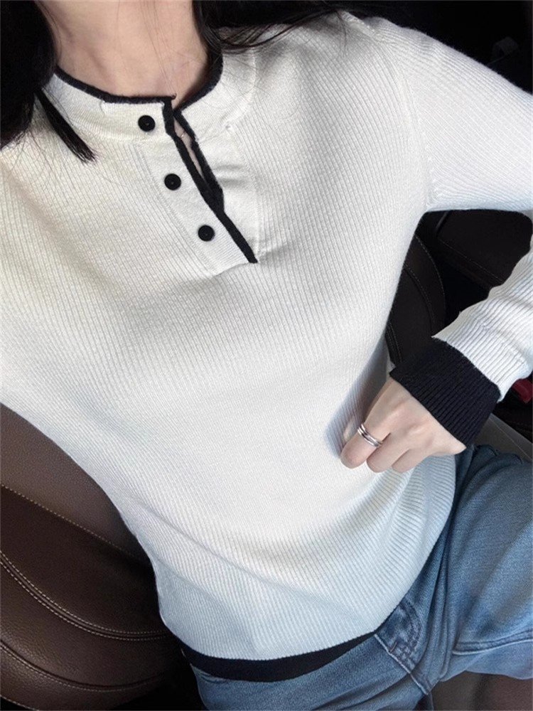 法式内搭白色半开领长袖针织t恤女春秋季修