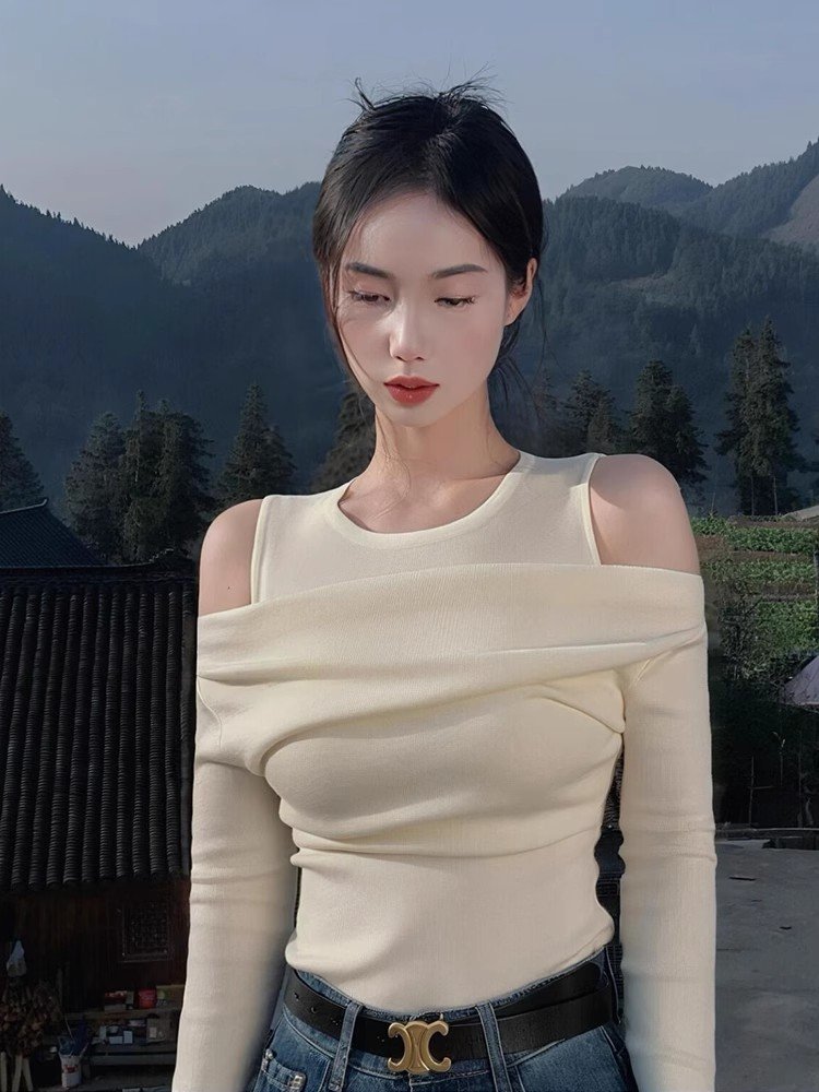 开春韩系穿搭小个子露肩假两件针织冰丝上衣