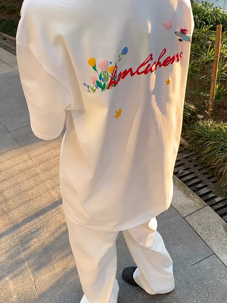 发泡字母花卉正肩t恤男夏季美式高街潮牌情