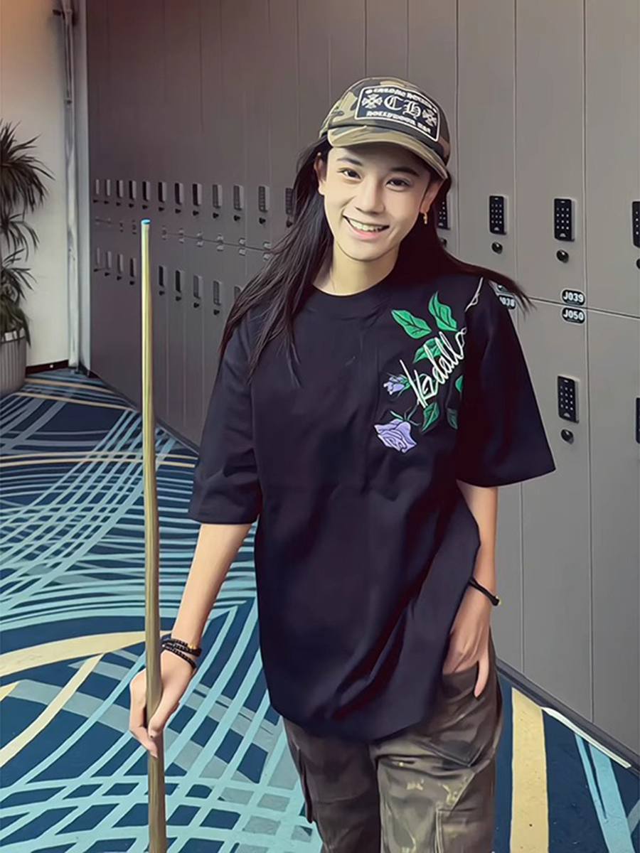 紫色玫瑰花卉刺绣短袖男夏季美式重磅纯棉半