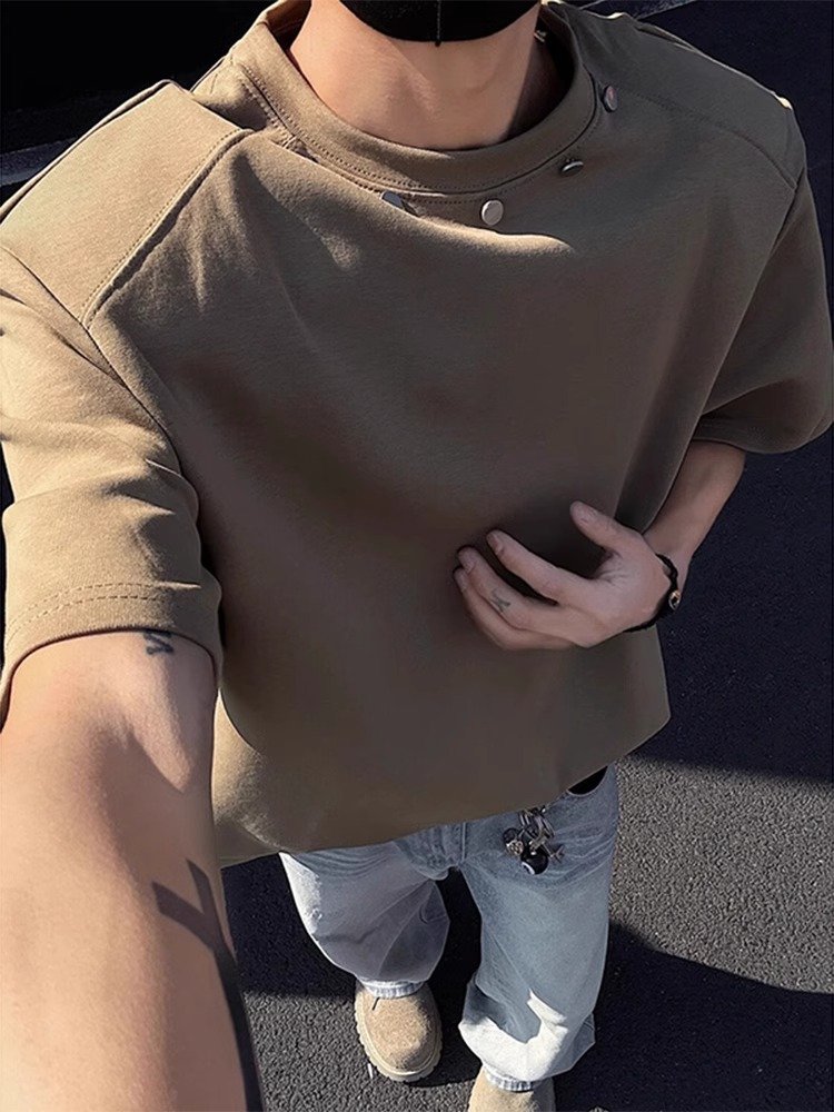 美式复古垫肩短袖男款夏季金属纽扣小众设计