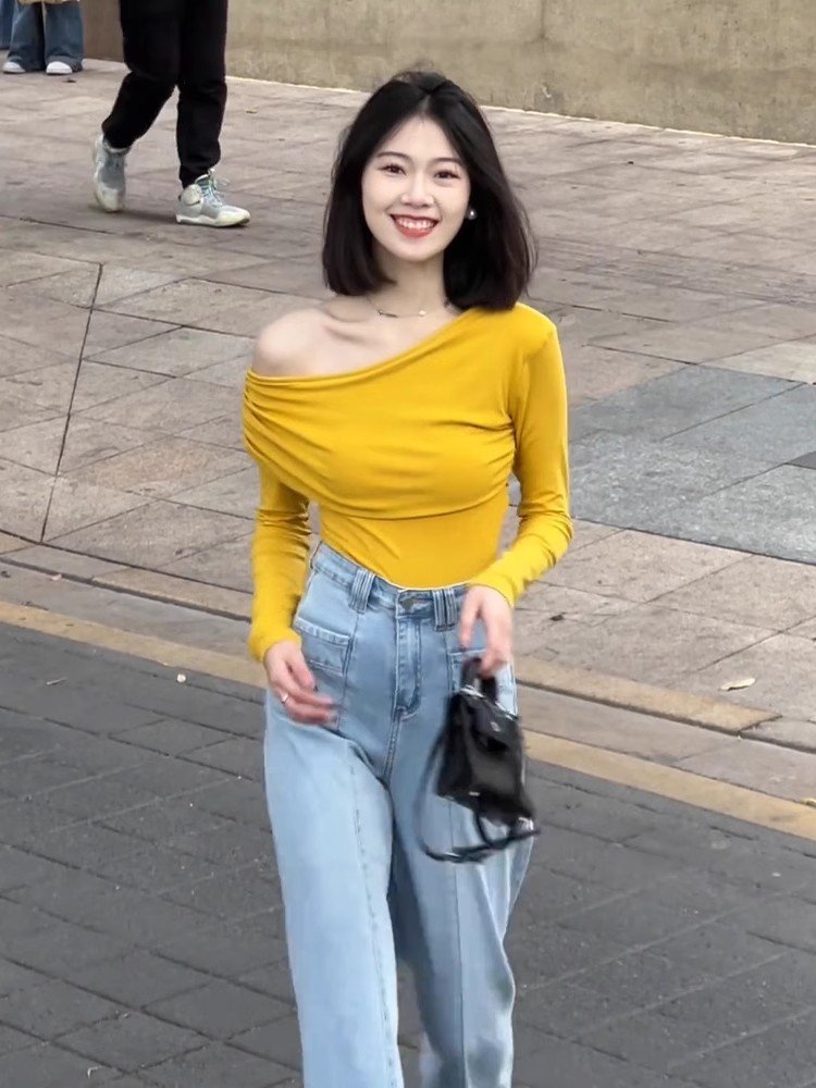 辣妹黄色假两件斜肩长袖t恤打底衫女春秋小
