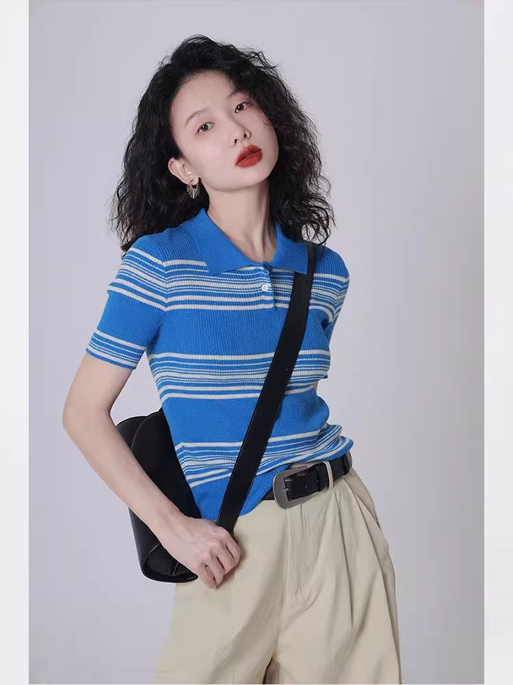 韩系蓝色条纹冰丝针织POLO衫短袖正肩t