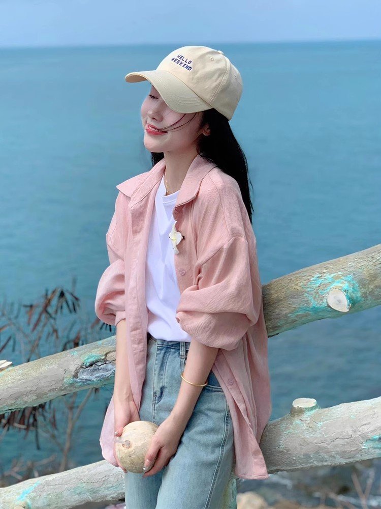 韩系粉色棉麻polo领衬衫外套女早春外搭