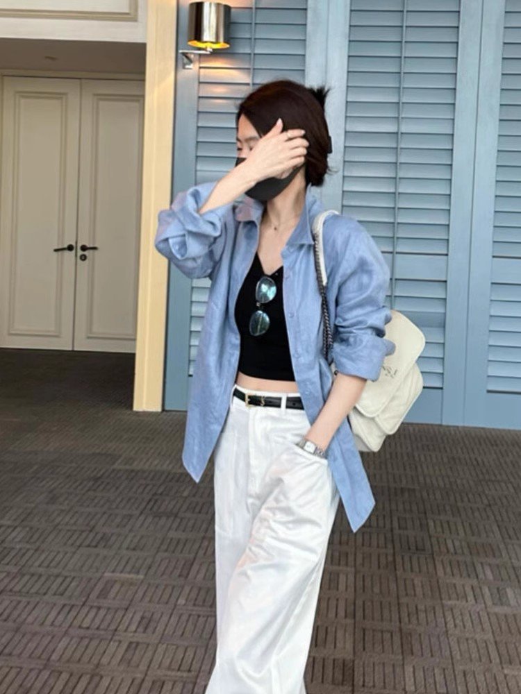 韩系蓝色polo领长袖衬衫外套女春秋外搭