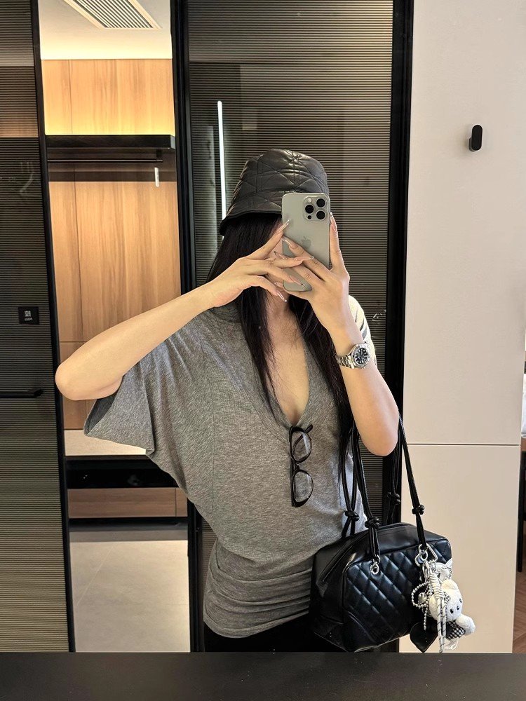 美式辣妹灰色v领短袖正肩t恤女夏季小个子