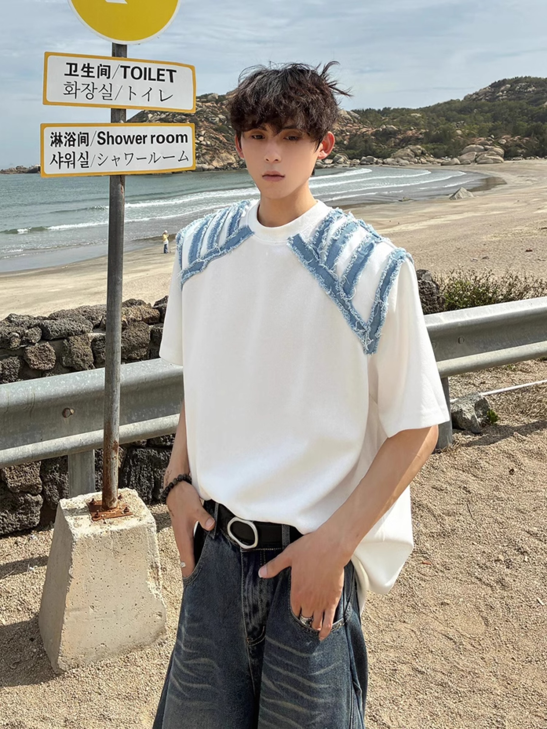 毛边牛仔拼接垫肩短袖男款夏季重磅小领口t