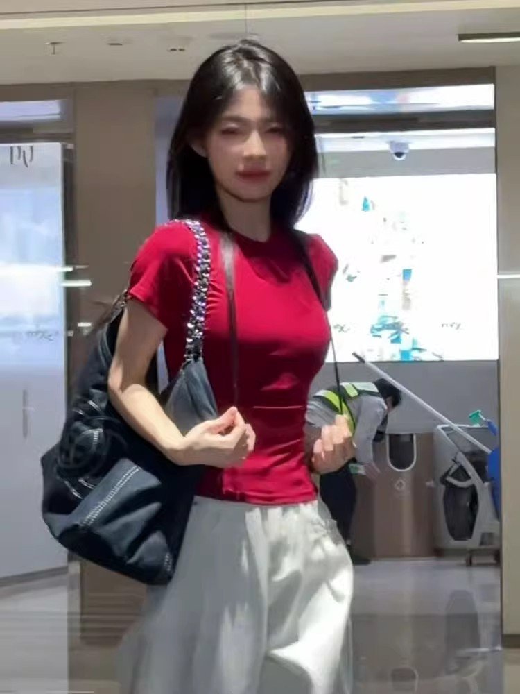 美式辣妹红色正肩飞飞袖短袖t恤衫女夏季小