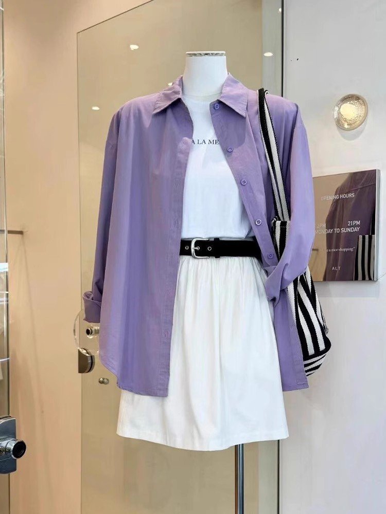 法式紫色polo领翻领衬衫外套女春秋外搭