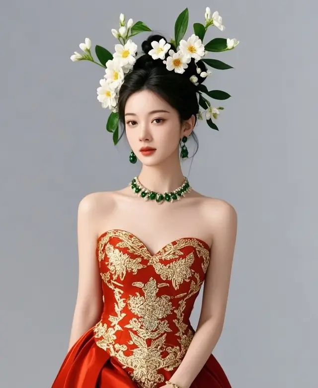 赤裙金绣映翠饰，白花缀首绽东方之美