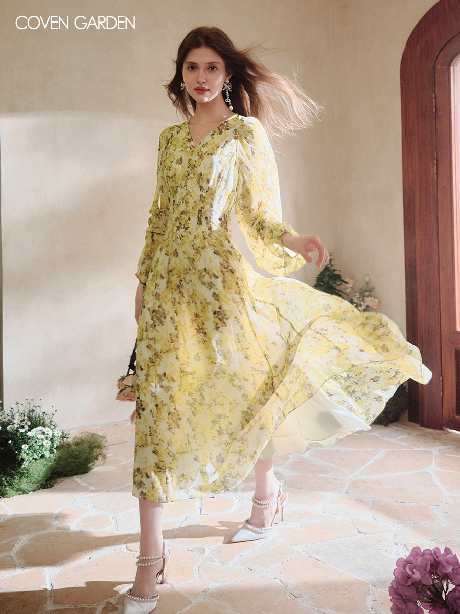 复古度假法式碎花雪纺连衣裙长裙