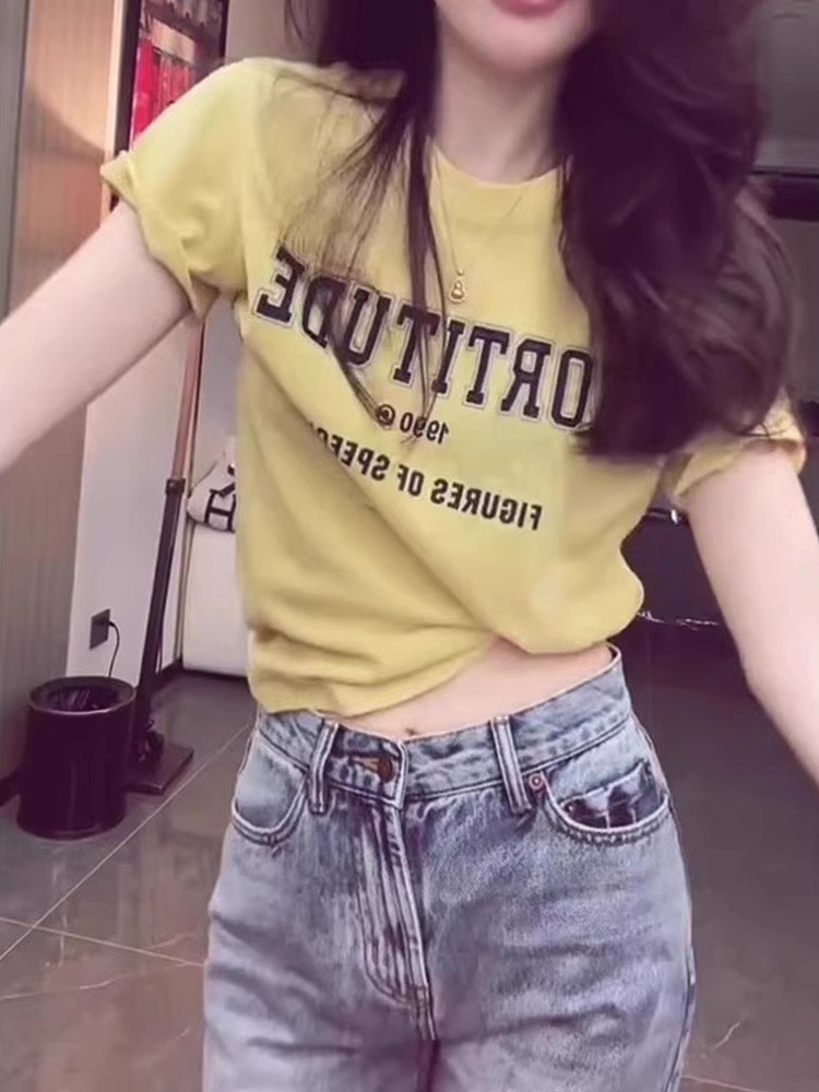美式复古辣妹风穿搭黄色短袖2025夏季新