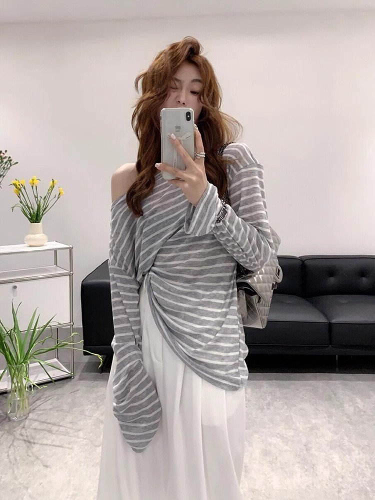 韩系灰色条纹斜肩长袖t恤罩衫女夏季吊带外