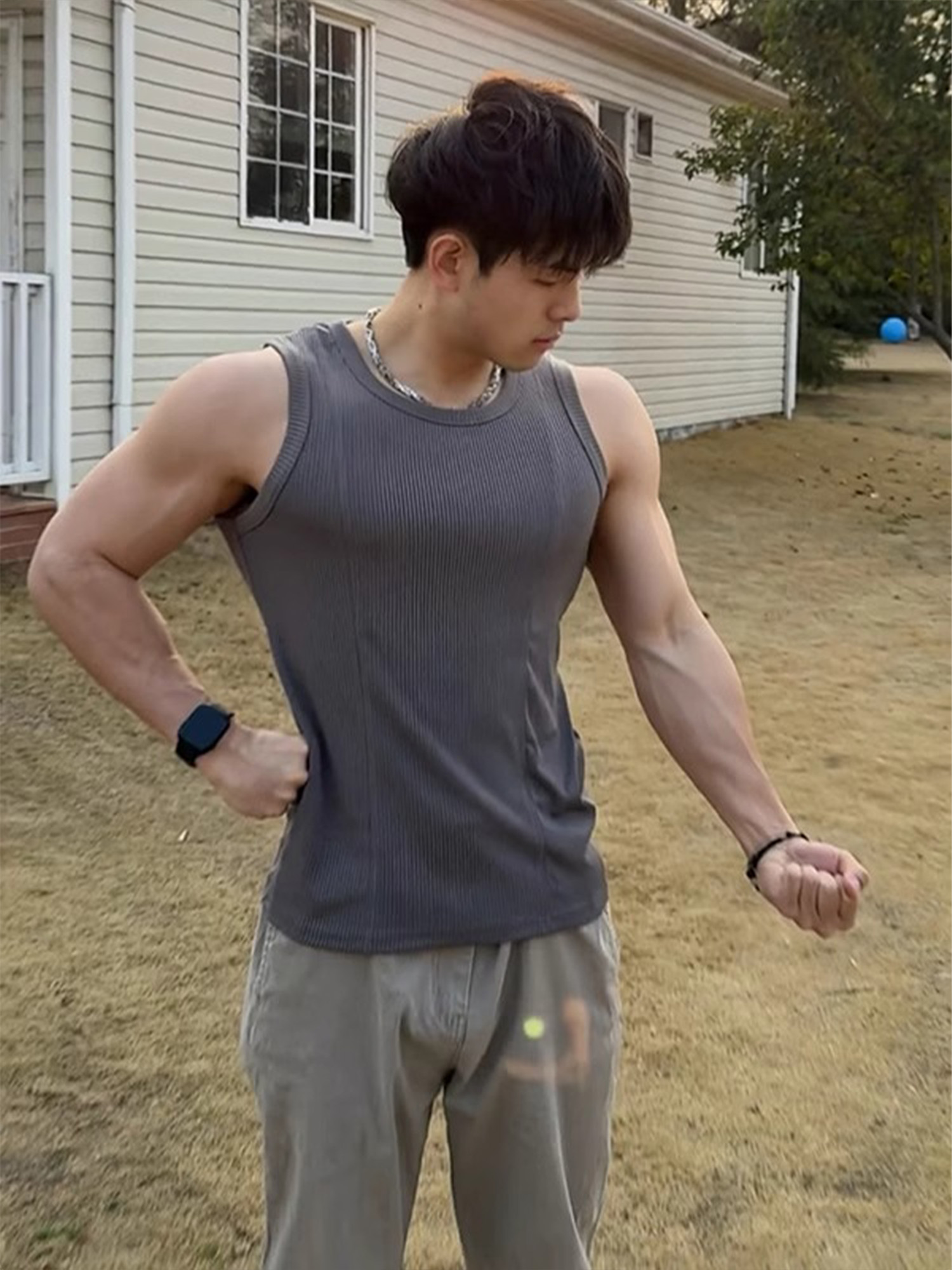深灰色运动健身坎肩背心男款夏粗螺纹无袖t