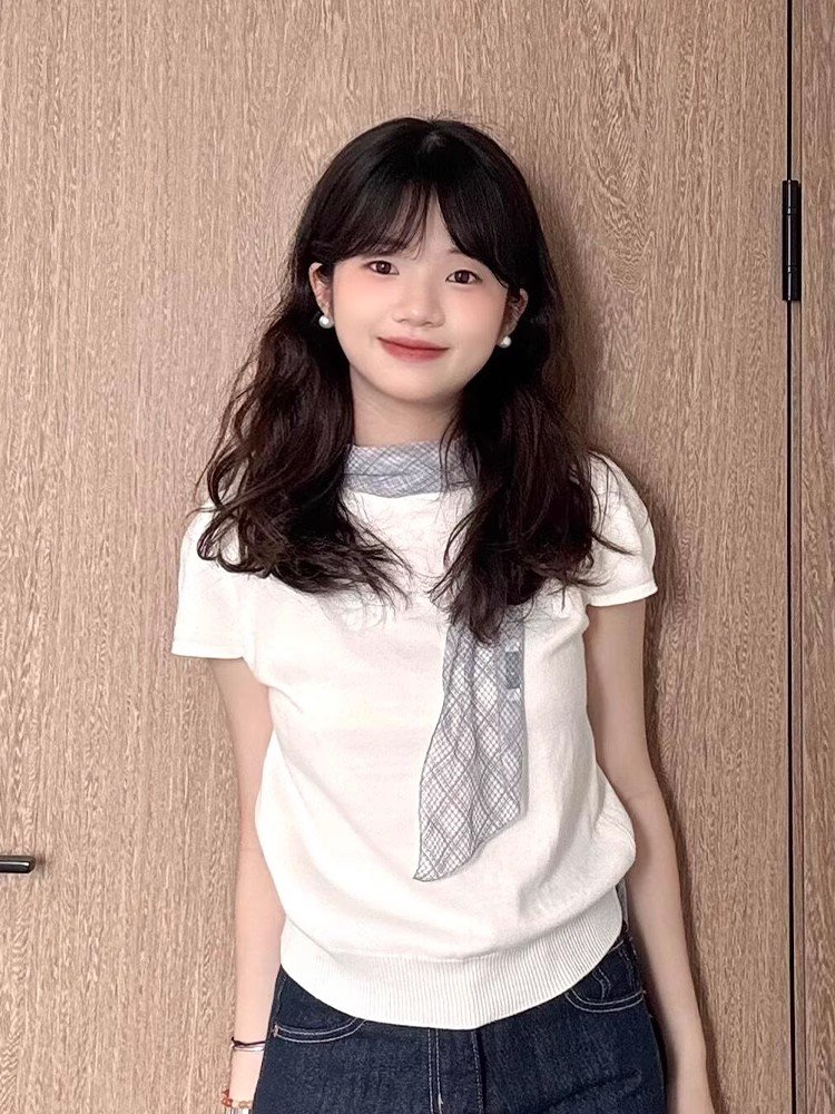 设计感白色冰丝针织短袖t恤女夏季小个子独