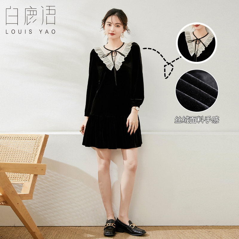 白鹿语拼接V型系带领小黑裙秋款赫本风荷叶边丝绒中长款连衣裙
