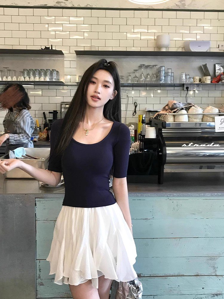 美式辣妹藏蓝色大领口短袖正肩t恤女夏季小
