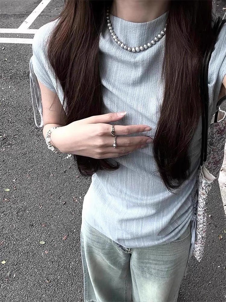 韩系蓝色半高领飞飞袖短袖t恤女夏季小个子