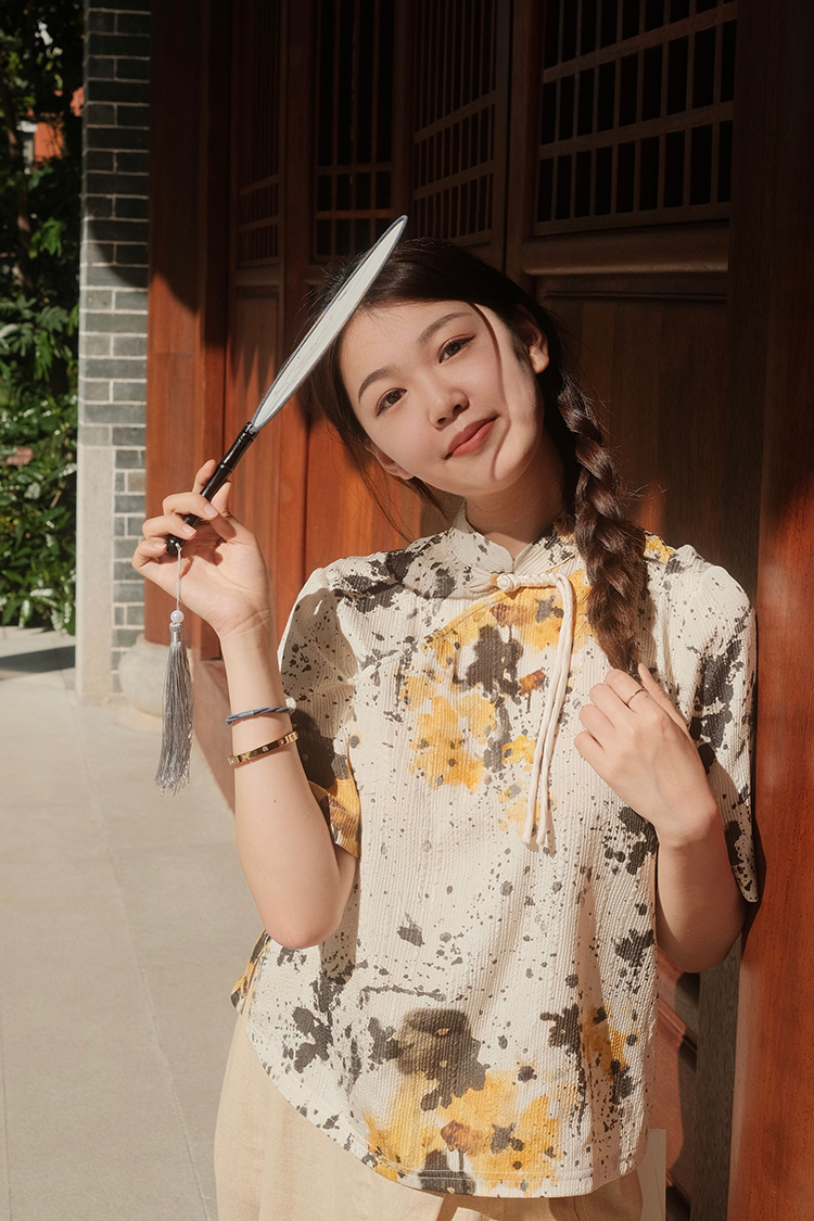 新中式旗袍领印花衬衫
