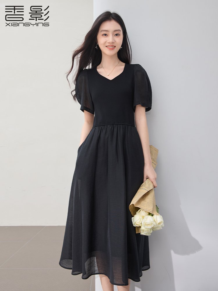 香影赫本风v领连衣裙女