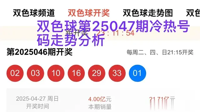双色球第25047期冷热号码合围走势分析，近来二等奖很不错