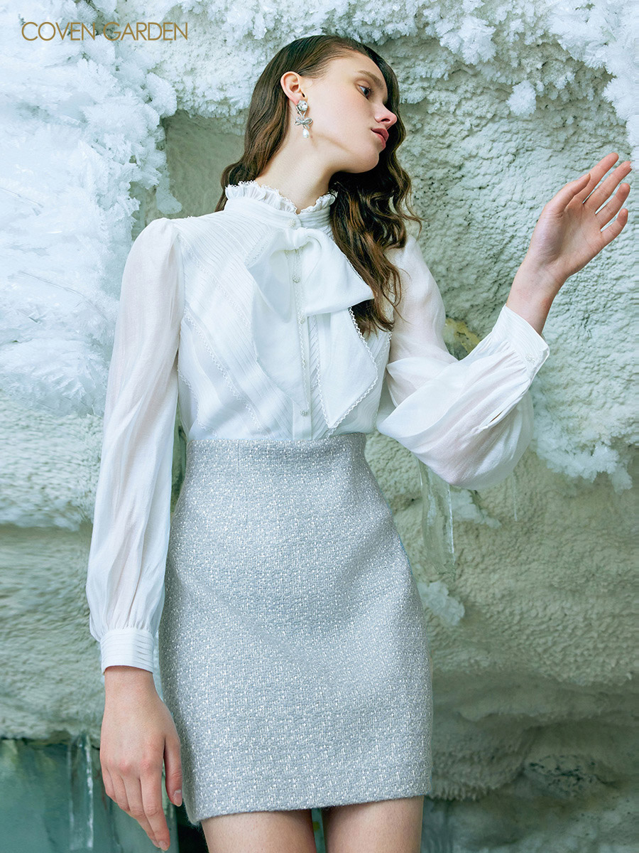 哥文花园冬季灯笼袖法式衬衫羊毛呢连衣裙