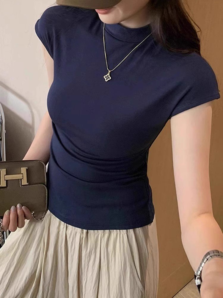 小个子藏蓝色小飞袖修身正肩t恤女短袖夏季