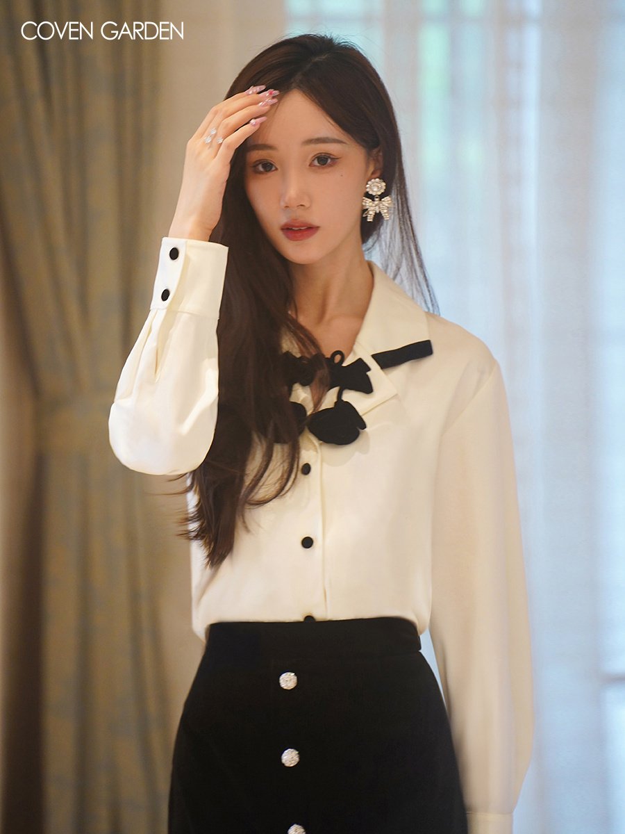 哥文花园秋季新款立体植绒花复古文艺白衬衫