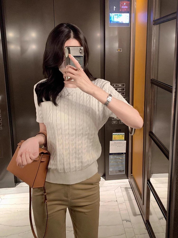 法式短款白色麻花针织短袖t恤女夏季别致绝