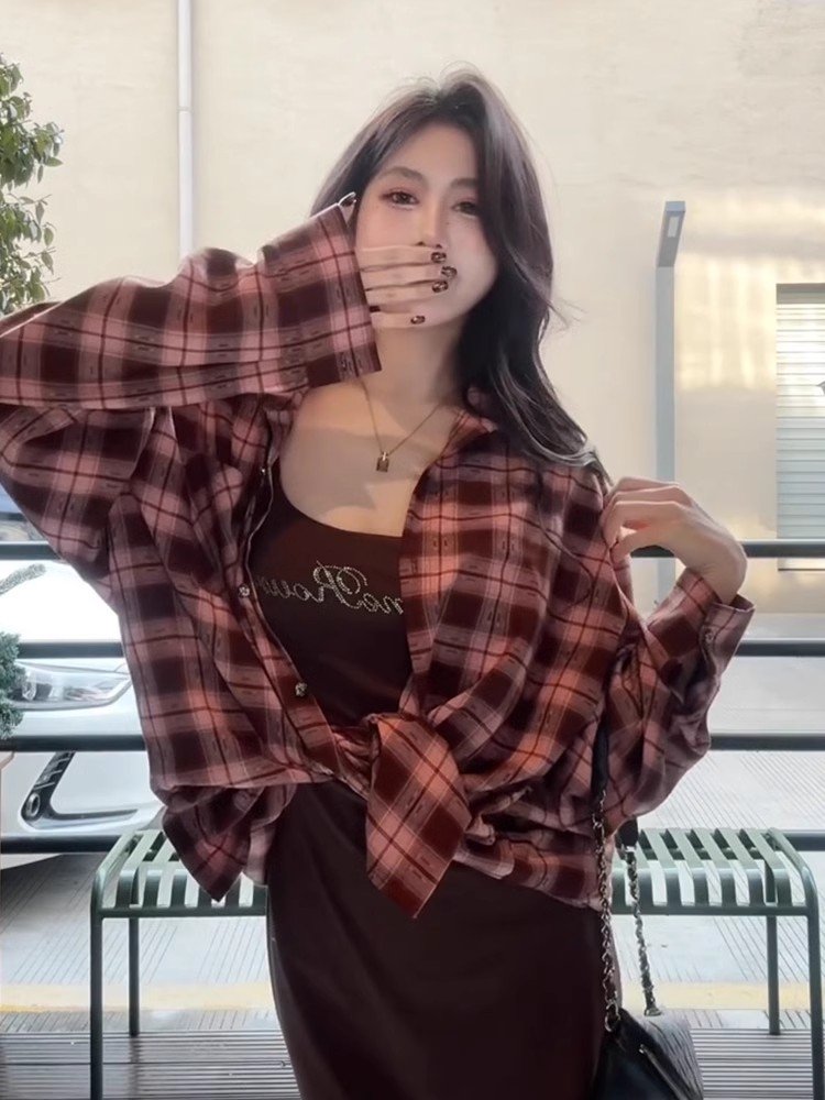 美式复古红色格子Polo领衬衫外套女春秋