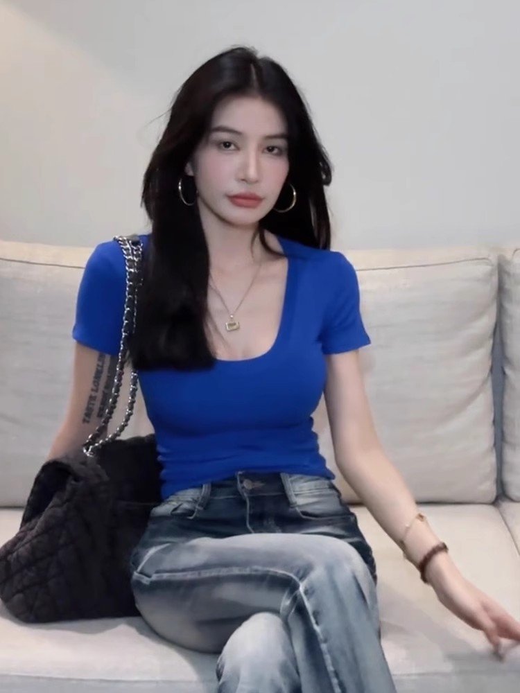 辣妹克莱因蓝方领大领口短袖t恤女夏季小个