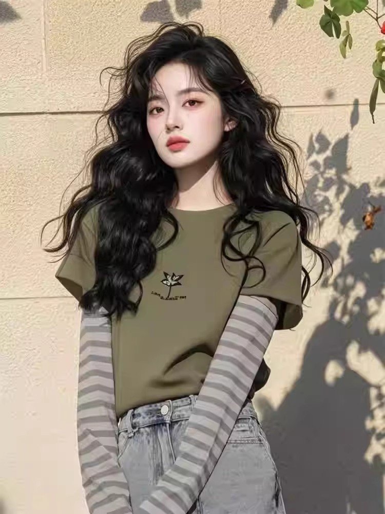 韩系绿色卡通印花假两件长袖t恤女春秋季小