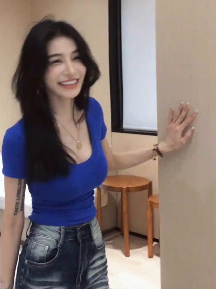 克莱因蓝u领大领口正肩短袖t恤女夏季小众