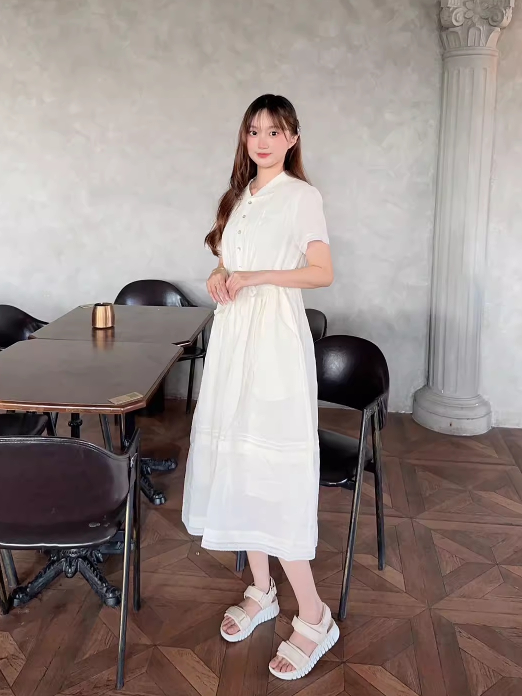puretea茶愫翻领苎麻连衣裙