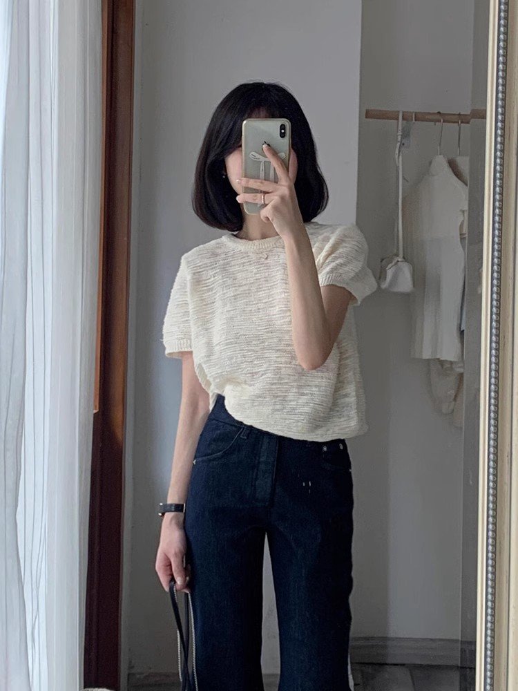 韩系杏色冰丝针织短袖正肩t恤女夏季小个子